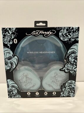 Ed Hardy Blue & White Wireless Headphones with Built-in Microphone.